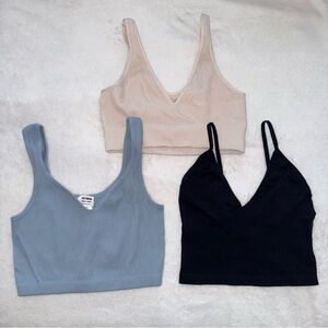 Size S Bralette Bundle – Nude, Blue & Black Ribbed Lounge Bras (3pc)